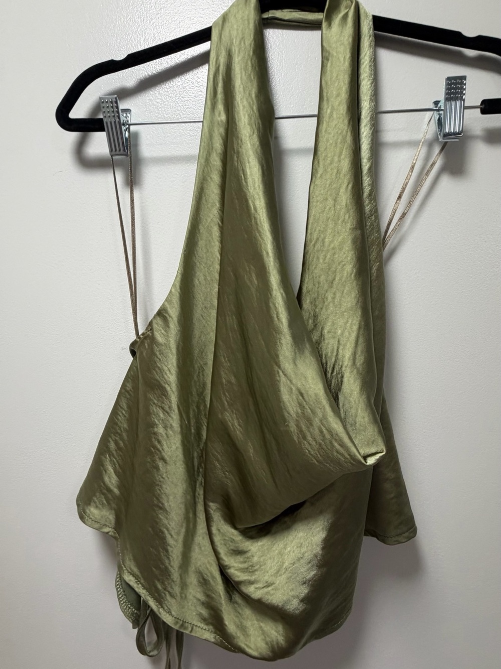 Nasty Gal Olive Green Satin Halter Drape Top